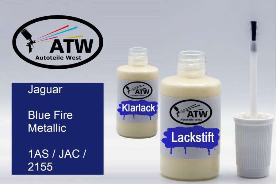 Jaguar, Blue Fire Metallic, 1AS / JAC / 2155: 20ml Lackstift + 20ml Klarlack - Set, von ATW Autoteile West.